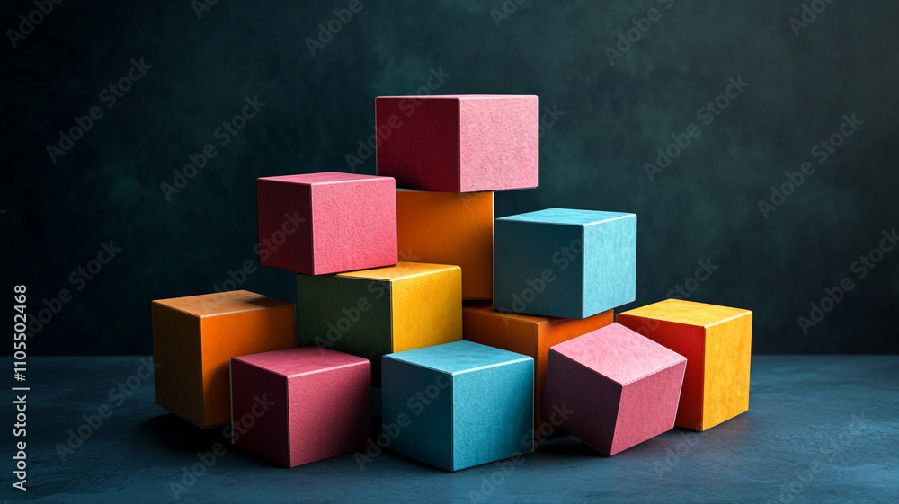 Obraz premium Colorful blocks stacked in playful arrangement on dark background showcasing creativity