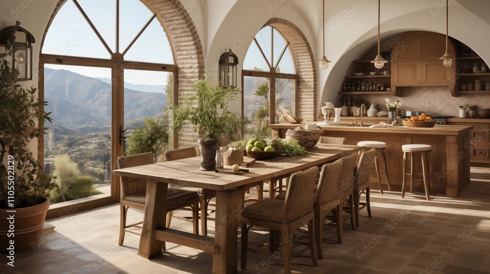 A bright Mediterranean kitchen with wooden dining table and wicker chairs. The arched ceiling and large windows bring in natural light and warmth. A bright Mediterranean kitchen with wooden dining table and wicker chairs. The arched ceiling and large windows bring in natural light and warmth.