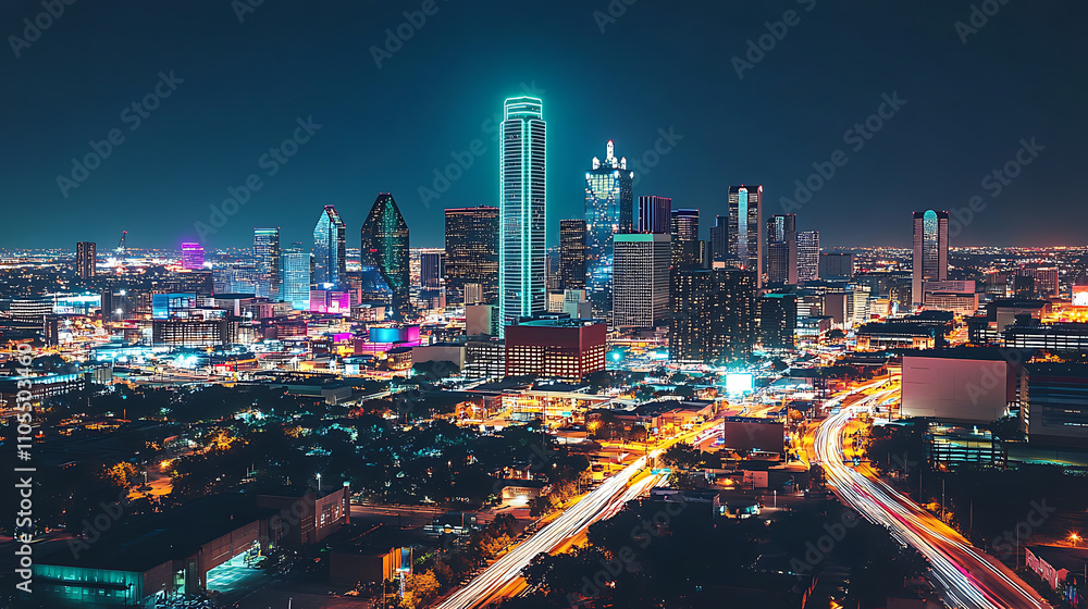 Fototapeta premium A city skyline at night with a tall building in the middle