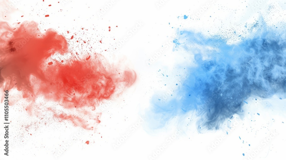 Labor Day red and blue dust explosions on a white background. The colors of the American flag are splashed on a white background and patriotic abstract designs for Independence Day and Memorial Day Labor Day red and blue dust explosions on a white background. The colors of the American flag are splashed on a white background and patriotic abstract designs for Independence Day and Memorial Day