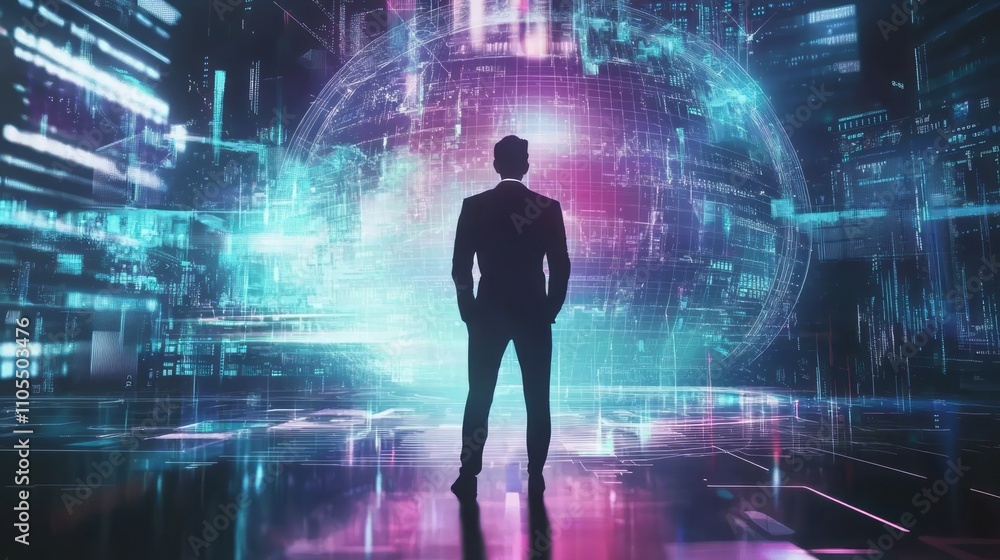 Silhouette of a businessman standing in a cyberspace with moving digital elements, planet model, hologram. Augmented virtual extended reality, metaverse motion graphics. Futuristic setting. Silhouette of a businessman standing in a cyberspace with moving digital elements, planet model, hologram. Augmented virtual extended reality, metaverse motion graphics. Futuristic setting.
