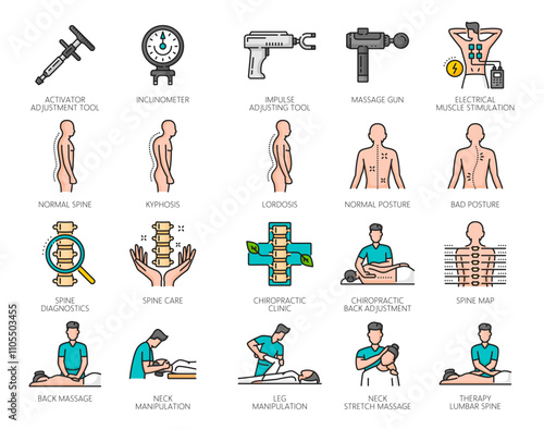 Chiropractic medicine line icons. Vector physiotherapy, osteopathy and rehabilitation therapy treatment outline symbols set of chiropractor doing massage, neck, back and spine chiropractic adjustments