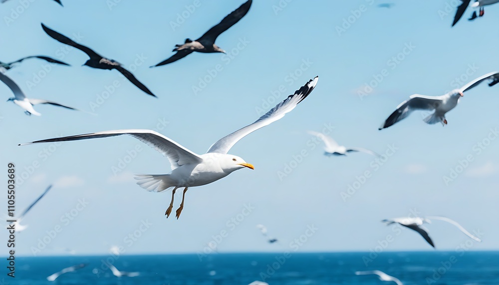 Fototapeta premium Seagulls soaring in natural beauty of ocean ecology