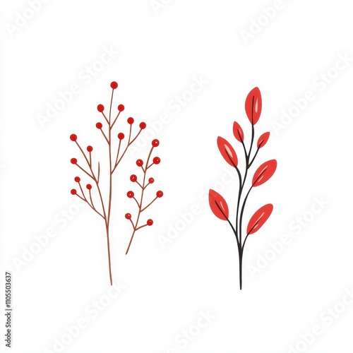 Snow-covered branch with red berries against a white background in a minimalist vector style illustration photo