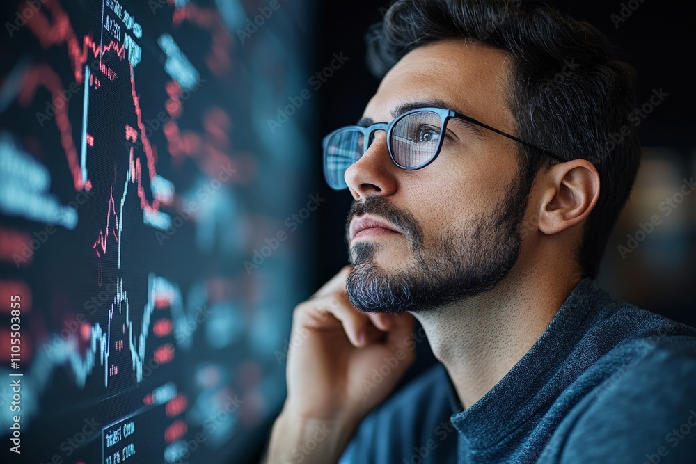 A man wearing glasses thoughtfully analyzes data on a computer screen in a dimly lit room, embodying the essence of focus, intelligence, and determination. A man wearing glasses thoughtfully analyzes data on a computer screen in a dimly lit room, embodying the essence of focus, intelligence, and determination.