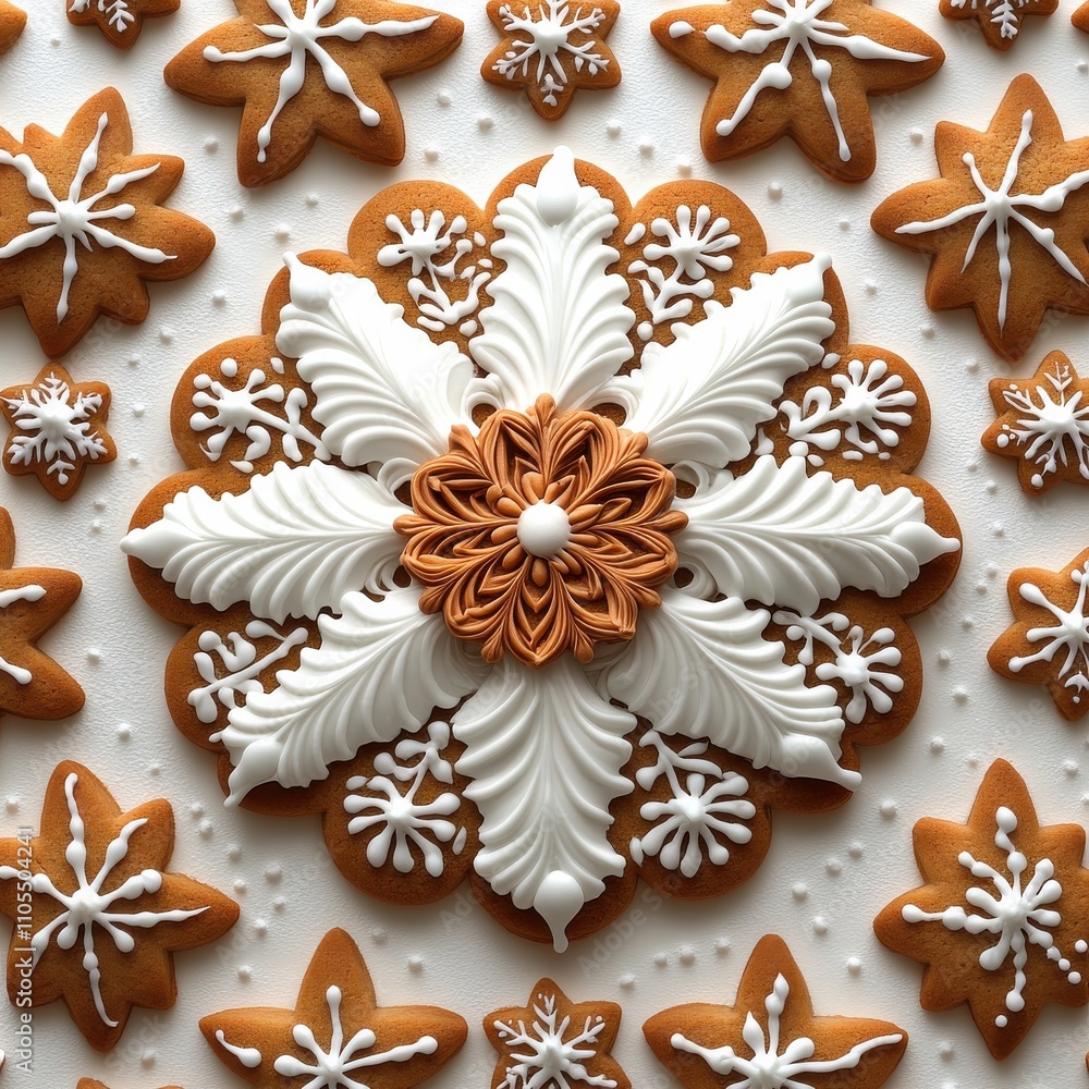 Snowflake cookie with intricate icing patterns surrounded by star-shaped cookies on a white background creating a festive atmosphere Snowflake cookie with intricate icing patterns surrounded by star-shaped cookies on a white background creating a festive atmosphere