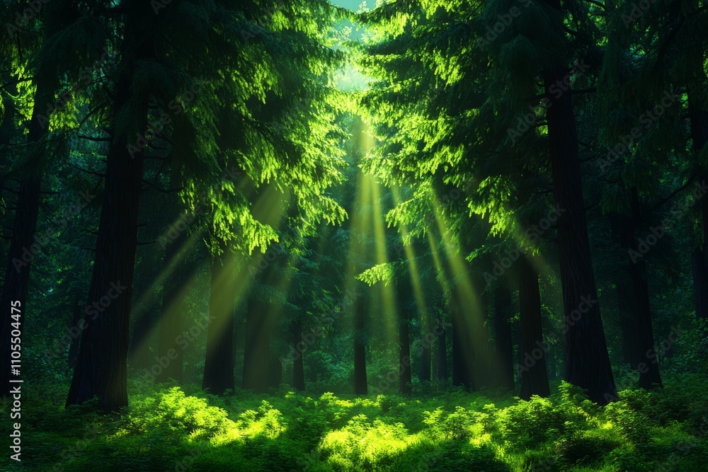 Obraz premium Sunbeams Filtering Through Dense Forest Canopy with Green Underbrush