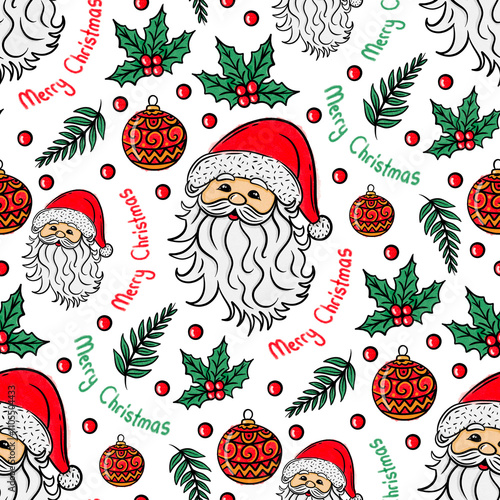 Santa Claus and Christmas Themed Elements, Hand Drawn Seamless Xmas Pattern