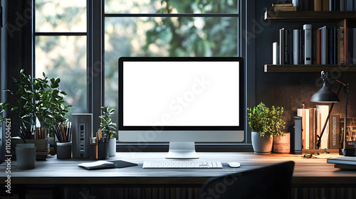 Modern home office setup with PC on a desk, bookshelf, blank white screen mock-up, and dark wall background near a window