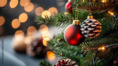 A beautifully decorated Christmas tree adorned with red ornaments and pinecones, illuminated by warm, soft lights in a cozy setting.