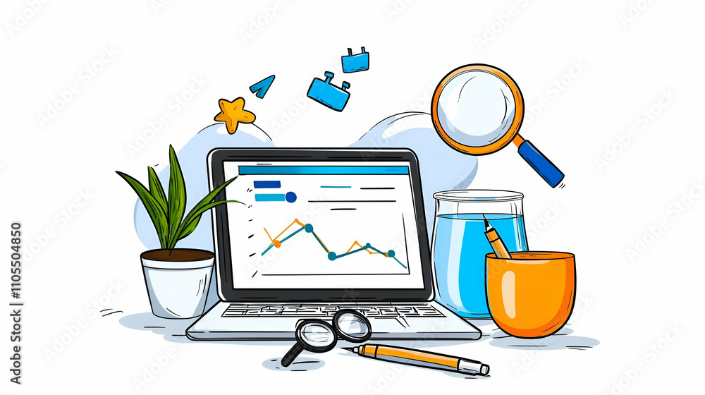 Fototapeta premium A laptop displays analytics data, surrounded by a plant, glasses, a cup, and laboratory equipment, symbolizing research and productivity.