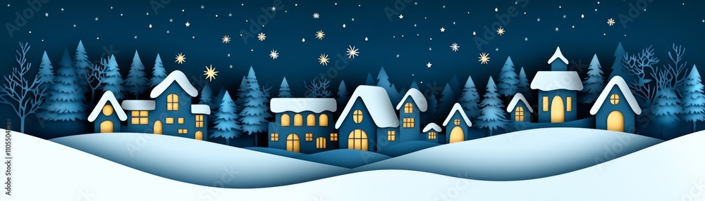 Fototapeta premium A serene winter village scene with snow-covered roofs, illuminated windows, and a starry night sky.