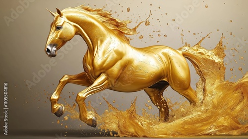 Golden horse sculpture in dynamic motion. Abstract fluid gold splash art background. Powerful, elegant design for luxury modern decor. High quality visuals. Artistic interpretation of horse power, photo