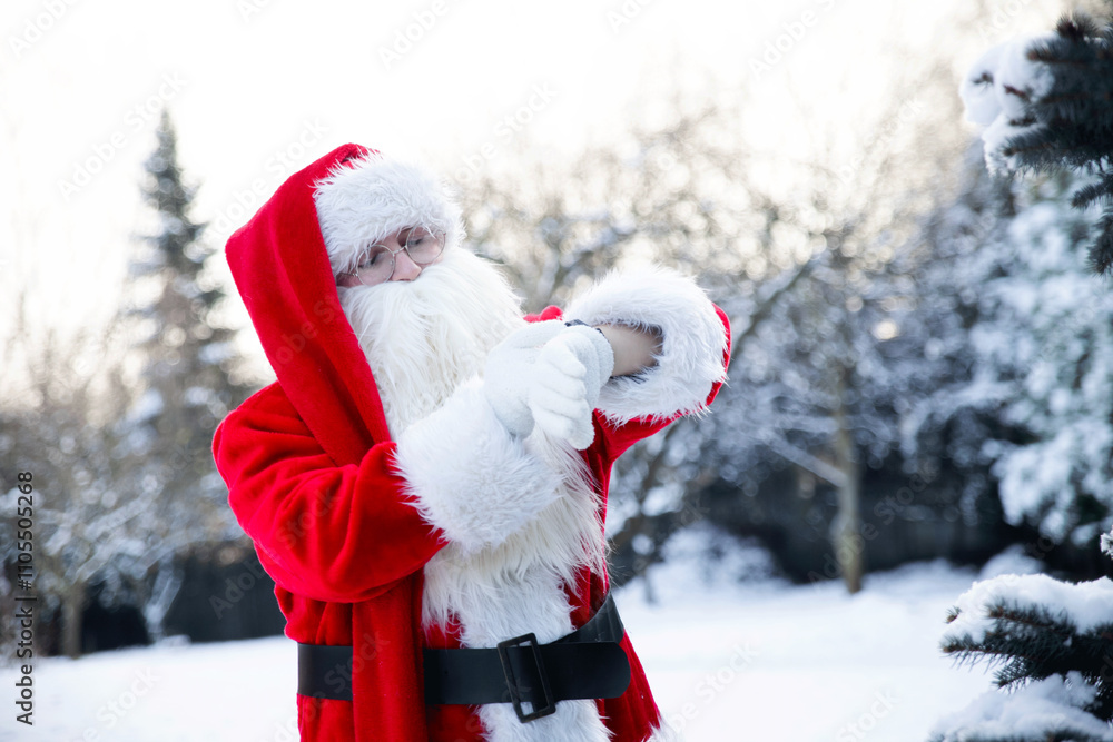 Portrait of Santa Claus looking at a clock in a red fur coat against the background of a forest with space for text for New Year and Christmas Portrait of Santa Claus looking at a clock in a red fur coat against the background of a forest with space for text for New Year and Christmas