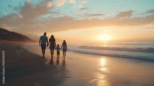 Fototapeta Naklejka Na Ścianę i Meble -  A family of four is walking on the beach at sunset