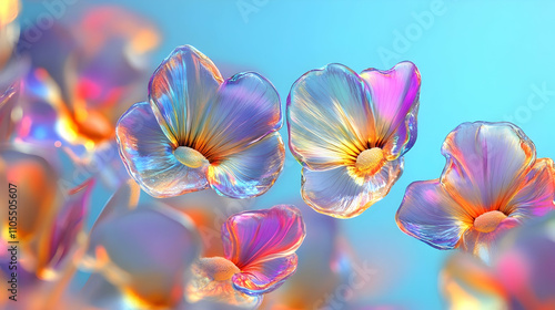 large iridescent rainbow glass pansy flowers gently falling