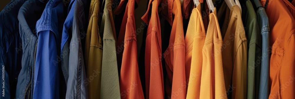 Fototapeta premium Assorted clothing in vibrant colors arranged on hangers for neat closet organization.