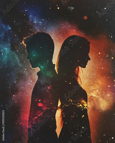 A romantic couple's profile silhouettes blending into a radiant galaxy with stars and nebulae in a double exposure style Silhouettes depicting love and cosmic connection.