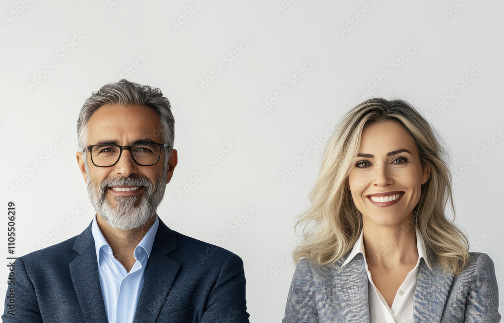 Standing side by side, the business man and woman convey a strong sense of professionalism and balanced partnership with copy space white background. Standing side by side, the business man and woman convey a strong sense of professionalism and balanced partnership with copy space white background.