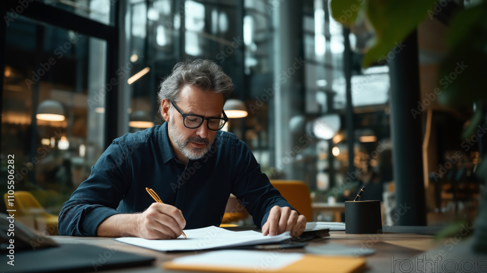 Middle-aged man with glasses writing at a desk in a modern office setting, surrounded by documents and a pen holder, with large windows and office furniture in the background. Middle-aged man with glasses writing at a desk in a modern office setting, surrounded by documents and a pen holder, with large windows and office furniture in the background.