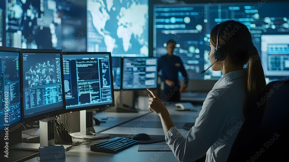 A modern open-plan emergency call center with operators wearing headsets, focused on multiple monitors displaying critical emergency data A modern open-plan emergency call center with operators wearing headsets, focused on multiple monitors displaying critical emergency data