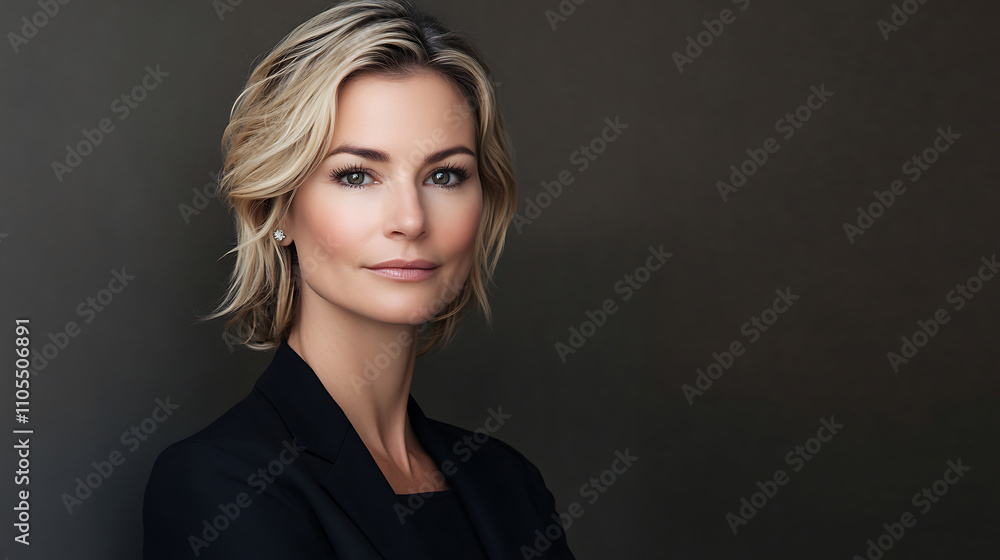 A woman with blonde hair and a black suit is posing for a photo A woman with blonde hair and a black suit is posing for a photo