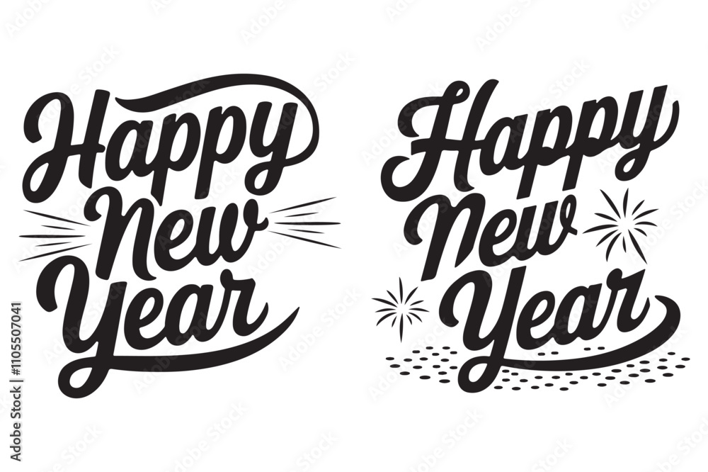 Elegant Happy New Year Black and White Typography Designs. Elegant Happy New Year Black and White Typography Designs.