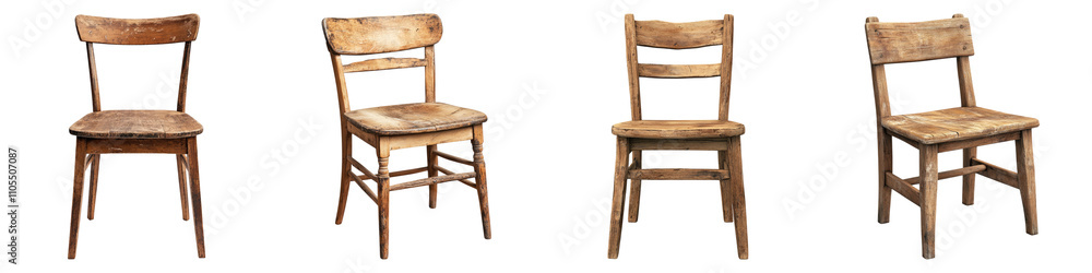 Old wooden chair isolated on transparent background, Set of Old wooden chair isolated on transparent background, Set of