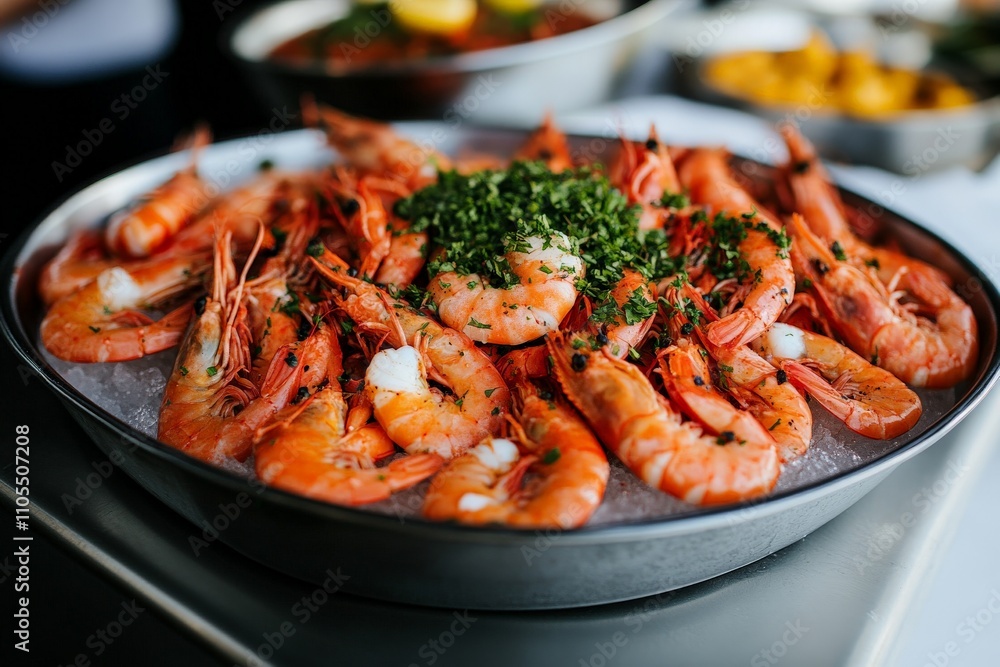 A delicious and fresh seafood dish of shrimp garnished with herbs, elegantly presented on a bed of ice, perfect for gourmet dining or culinary photography. A delicious and fresh seafood dish of shrimp garnished with herbs, elegantly presented on a bed of ice, perfect for gourmet dining or culinary photography.