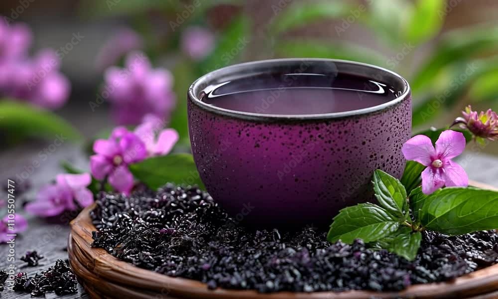 A purple cup of herbal tea surrounded by flowers and leaves. A purple cup of herbal tea surrounded by flowers and leaves.