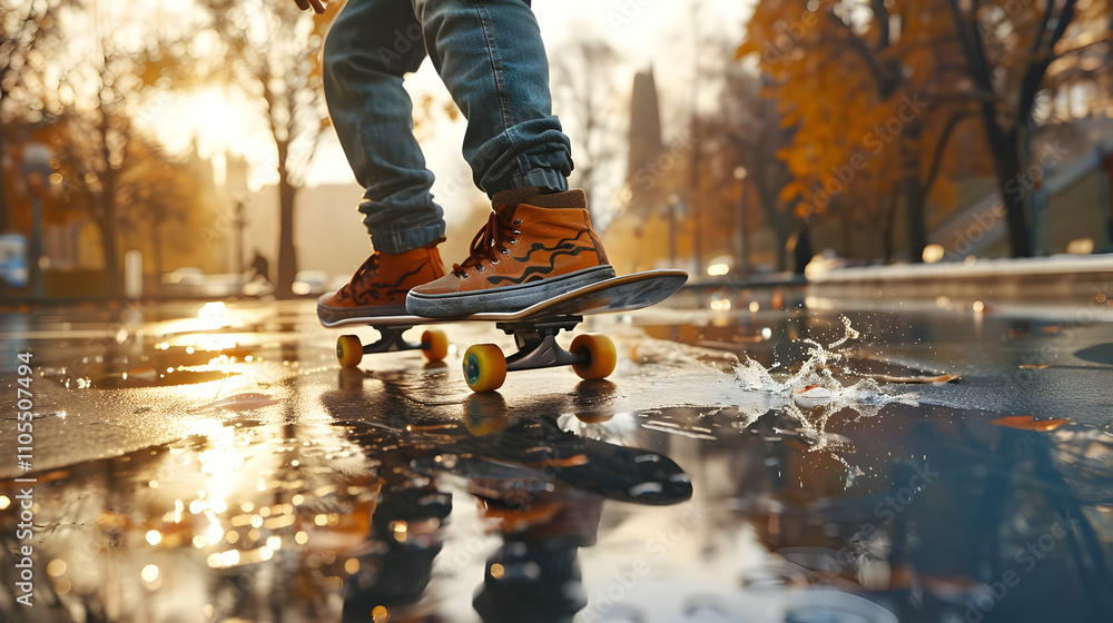 Skateboarding in Autumn Puddle: Urban Lifestyle Photography Skateboarding in Autumn Puddle: Urban Lifestyle Photography