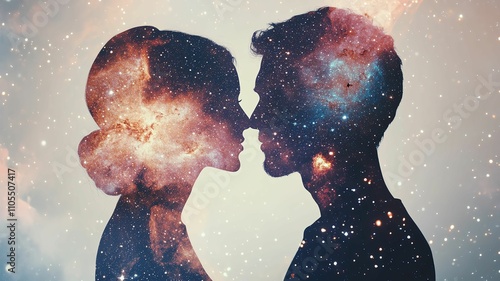 A romantic couple's profile silhouettes blending into a radiant galaxy with stars and nebulae in a double exposure style Cosmic love in a dreamy galaxy silhouette.