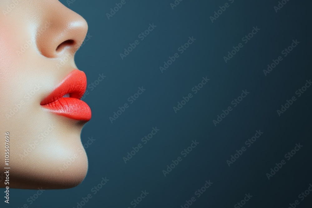 A captivating close-up profile shot highlights the elegance of a woman’s face, focusing on her perfectly applied bright red lipstick and smooth complexion, exuding confidence and style. A captivating close-up profile shot highlights the elegance of a woman’s face, focusing on her perfectly applied bright red lipstick and smooth complexion, exuding confidence and style.