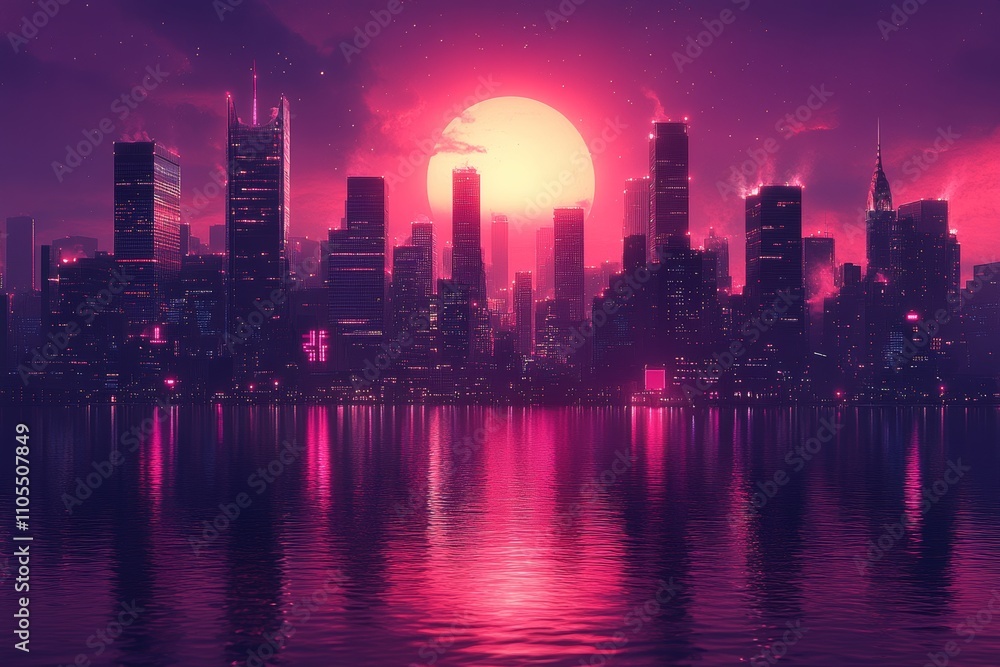 Obraz premium Neon City Skyline at Sunset with Reflective Water and Vibrant Colors