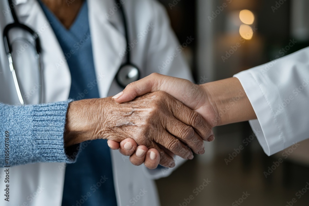 An elderly patient shakes hands with a doctor, both in focus, symbolizing care and trust in a clinical setting, highlighting generational interactions in healthcare. An elderly patient shakes hands with a doctor, both in focus, symbolizing care and trust in a clinical setting, highlighting generational interactions in healthcare.