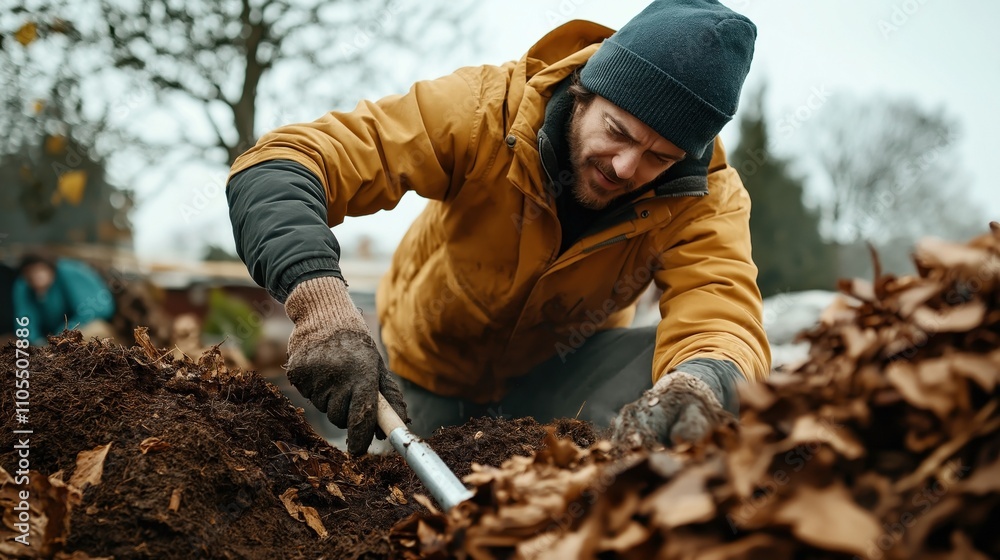 Man wearing a yellow jacket and beanie gardening, digging in soil with a spade surrounded by fallen leaves in an outdoor autumn setting Man wearing a yellow jacket and beanie gardening, digging in soil with a spade surrounded by fallen leaves in an outdoor autumn setting