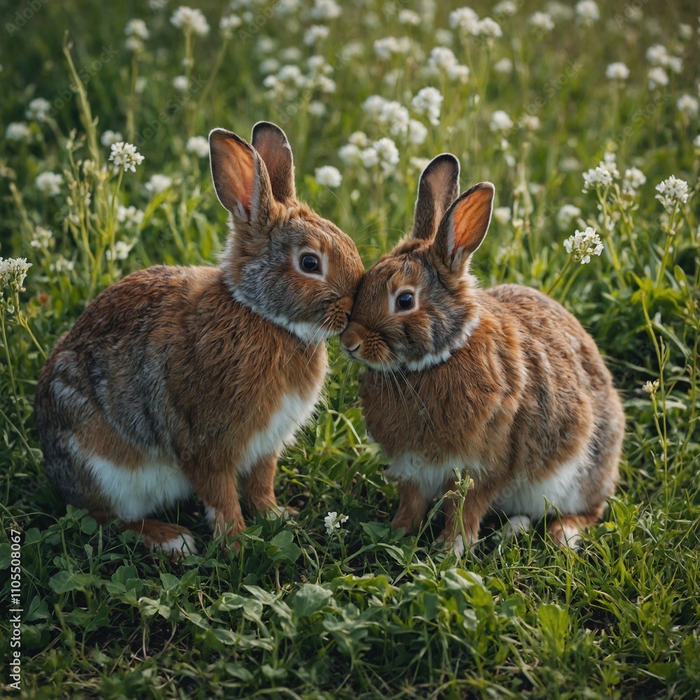 A pair of rabbits nibbling on plants in a spring meadow.
A pair of rabbits nibbling on plants in a spring meadow.