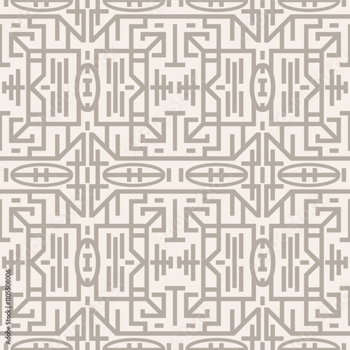 Geometric Chinoiserie seamless vector pattern neutral background. Abstract oriental motif endless geo design. Duotone symmetrical backdrop all over print. Block line shape maze repeat. For print,