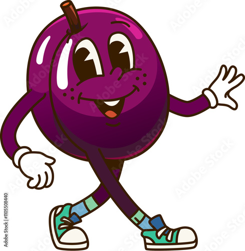 Cartoon retro groovy plum fruit character with happy smile, vector comic emoji. Groovy plum with funny face walking in hipster shoes, funky silly and freaky fruit food as comic cartoon character