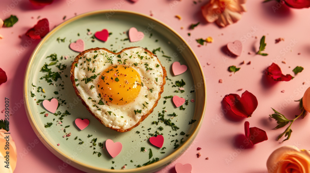 Heart-shaped fried egg on green plate with colorful garnishes and floral background Heart-shaped fried egg on green plate with colorful garnishes and floral background