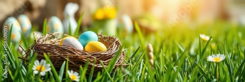 Colorful Easter eggs in a nest on a sunny spring day amid blooming flowers in a garden setting photo