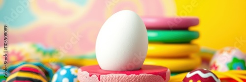 Colorful painted eggs arranged around a white egg on a decorative base during a festive celebration photo