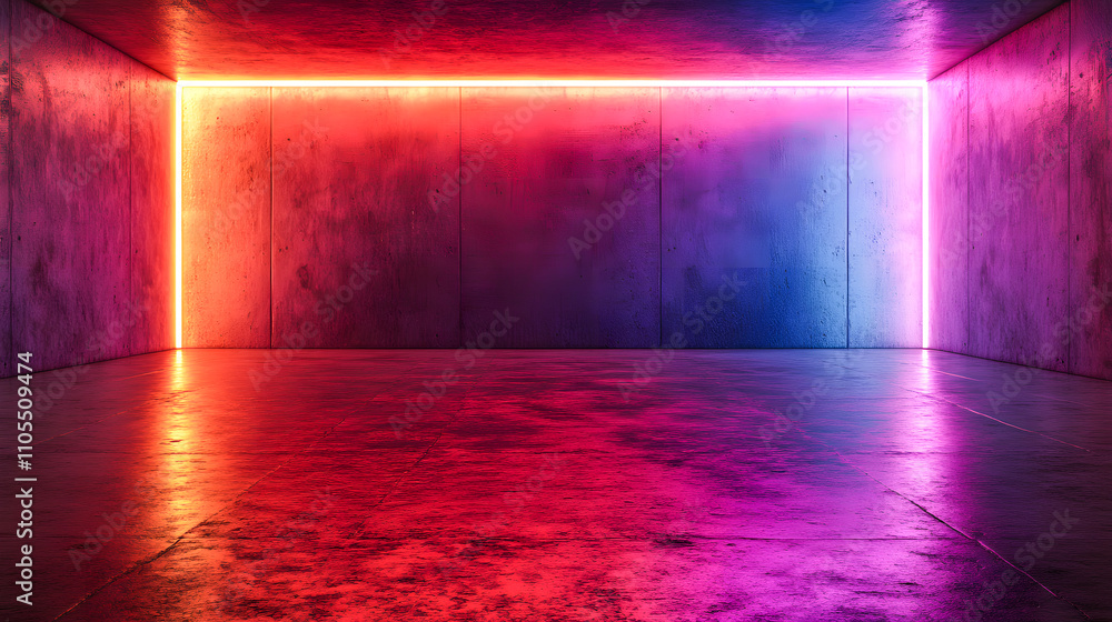 neon lights attached to wall in modern. Futuristic sci-fi abstract background, reflective concrete, empty space, Ethnic boho décor home interior, living room in warm brown colour neon lights attached to wall in modern. Futuristic sci-fi abstract background, reflective concrete, empty space, Ethnic boho décor home interior, living room in warm brown colour