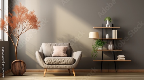 A minimalist Scandinavian room featuring a gray armchair, open shelf, and parquet flooring. Beige walls add warmth to this modern living space.