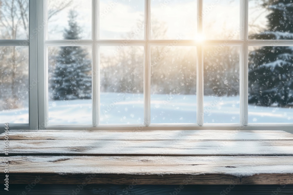 Fototapeta premium Snowy Winter Landscape Viewed Through a Window