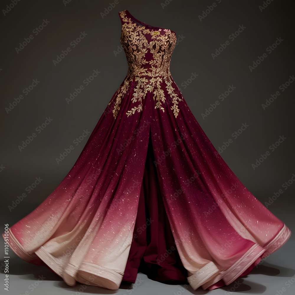 Obraz premium A deep burgundy evening gown with a high slit and asymmetrical neckline. The dress is adorned with gold embroidery along the neckline and waistline.