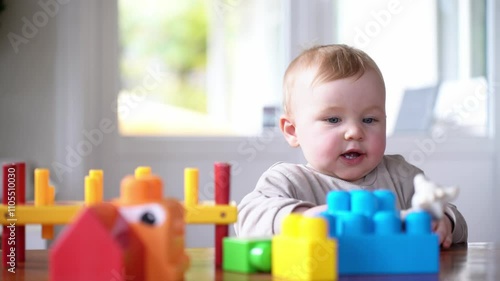 child playing with colors blocks, giraf toy