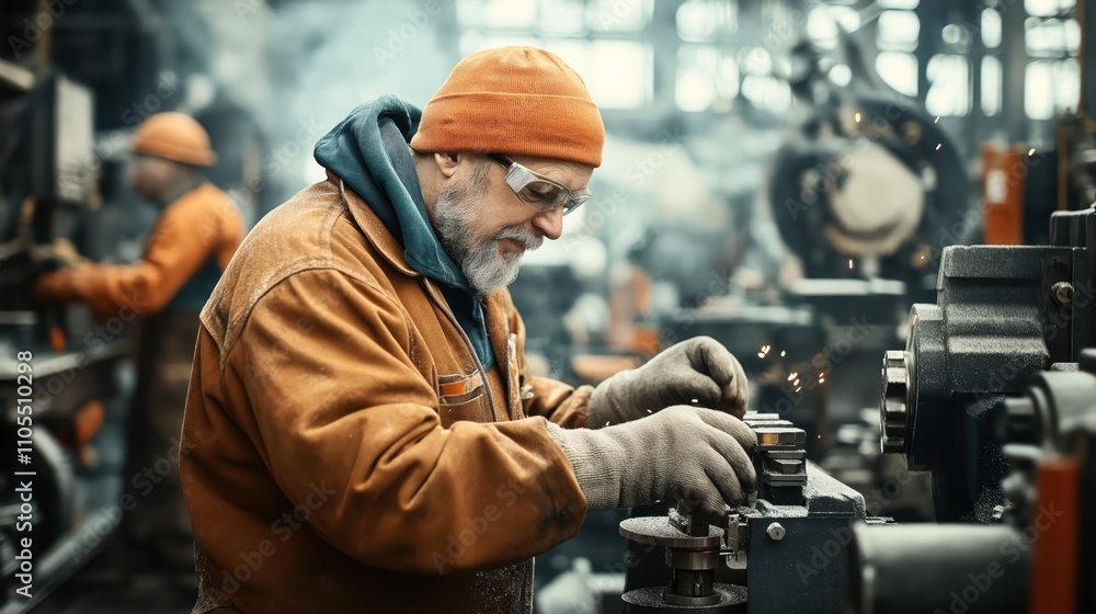 Elderly factory worker wearing protective gear using machinery in industrial workshop setting with focus on craftsmanship and metalwork precision Elderly factory worker wearing protective gear using machinery in industrial workshop setting with focus on craftsmanship and metalwork precision