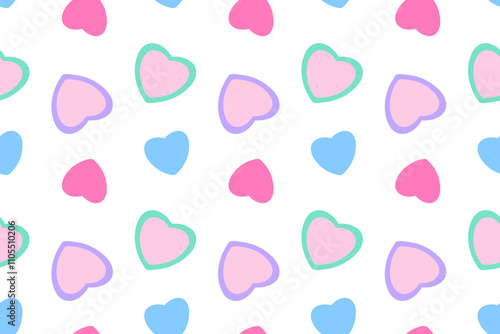 Colorful seamless pattern featuring pastel pink, blue, and green hearts with a playful, minimalist design on a white background. Ideal for Valentines Day, romantic themes, or creative projects. photo