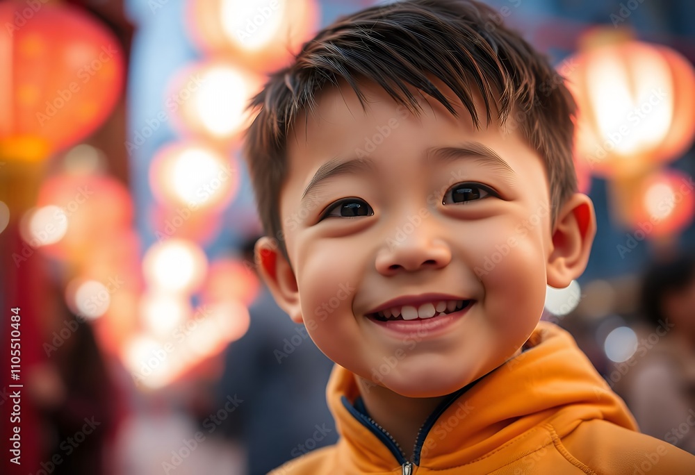 Happy Asian Boy Smiling Chinese Lantern Festival Child Portrait